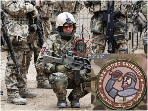 German soldier, Afghanistan. Part of the NATO ISAF (International Security Assistance Force) forces. Note that the patch is in Arabic as well as English so that the meaning isn’t obscured.