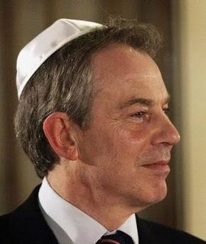 Then British prime minister Tony Blair wearing a yarmulke