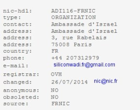 Whois registar of coolisrael.fr « siliconwadi.fr », another website edited by the Ambassy